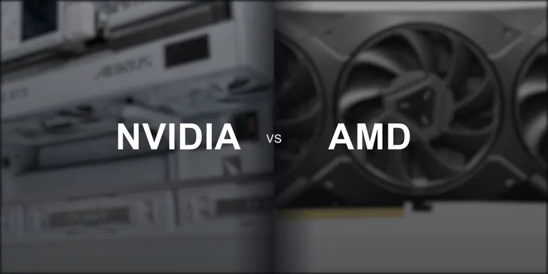 Plain NVIDIA vs AMD text over softly blurred photographs of a GeForce RTX graphics card and a Radeon RX 7900 XT